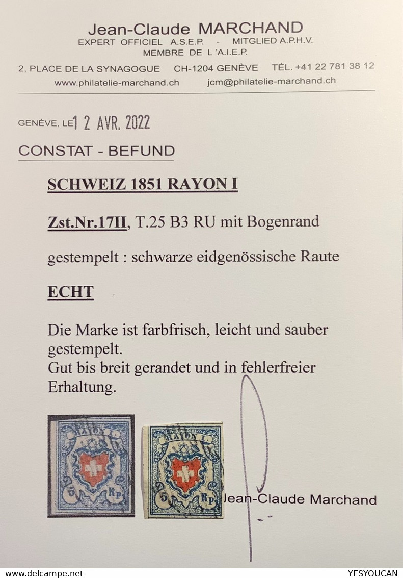 1851, Zst 17 II Stein B3 T.25 RU, 5 Rp Rayon I KE SPUREN ! (Attest Marchand Schweiz Suisse Certificat Cert Mi.9 II - 1843-1852 Correos Federales Y Cantonales