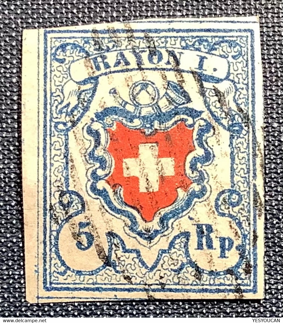 1851, Zst 17 II Stein B3 T.25 RU, 5 Rp Rayon I KE SPUREN ! (Attest Marchand Schweiz Suisse Certificat Cert Mi.9 II - 1843-1852 Poste Federali E Cantonali