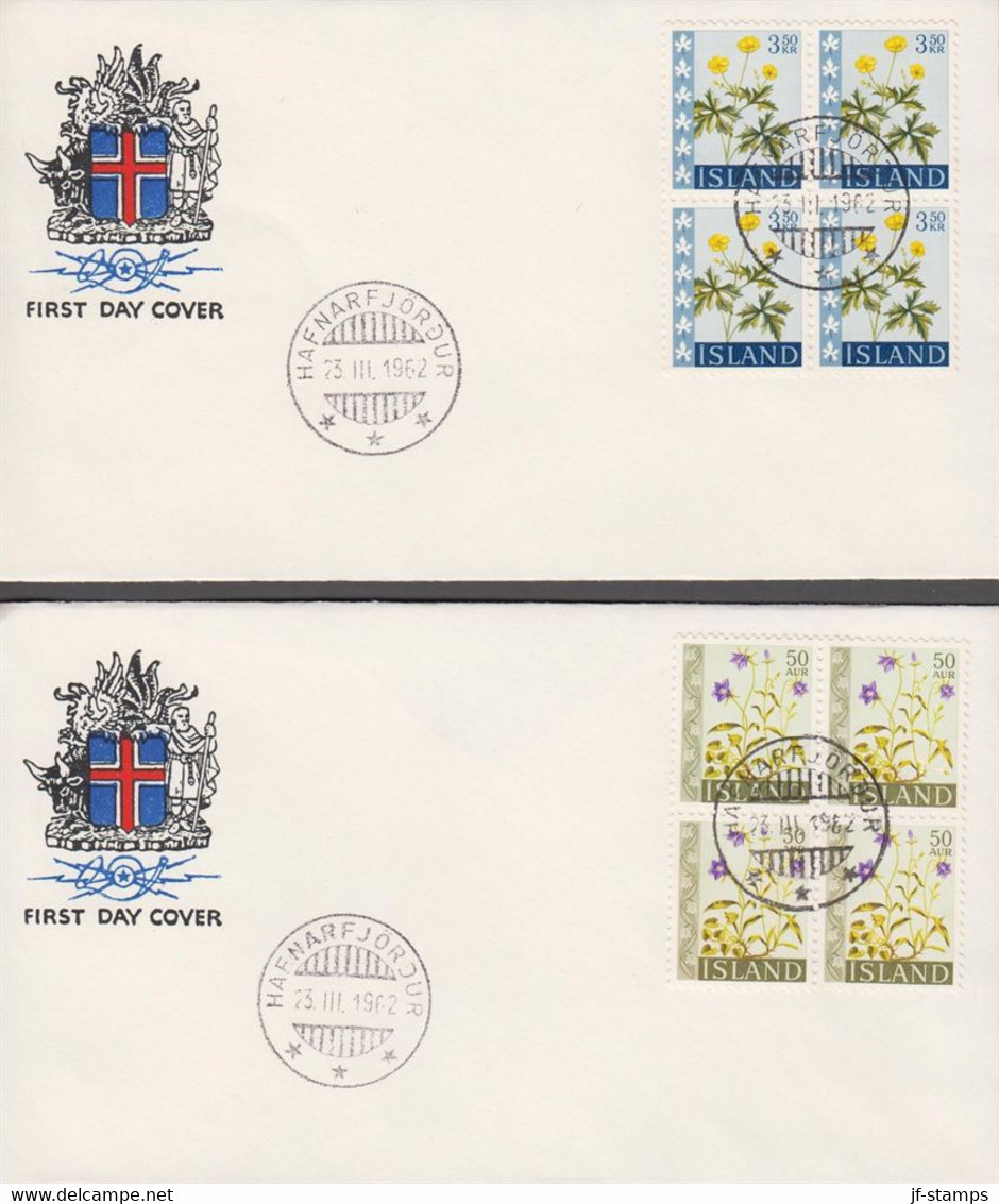 1962. ISLAND. FLOWER Set IN 4- BLOCKS On FDC HAFNARFJÖRDUR 23. Iii. 1962. Unusual With FD... (Michel 359-360) - JF518944 - Briefe U. Dokumente