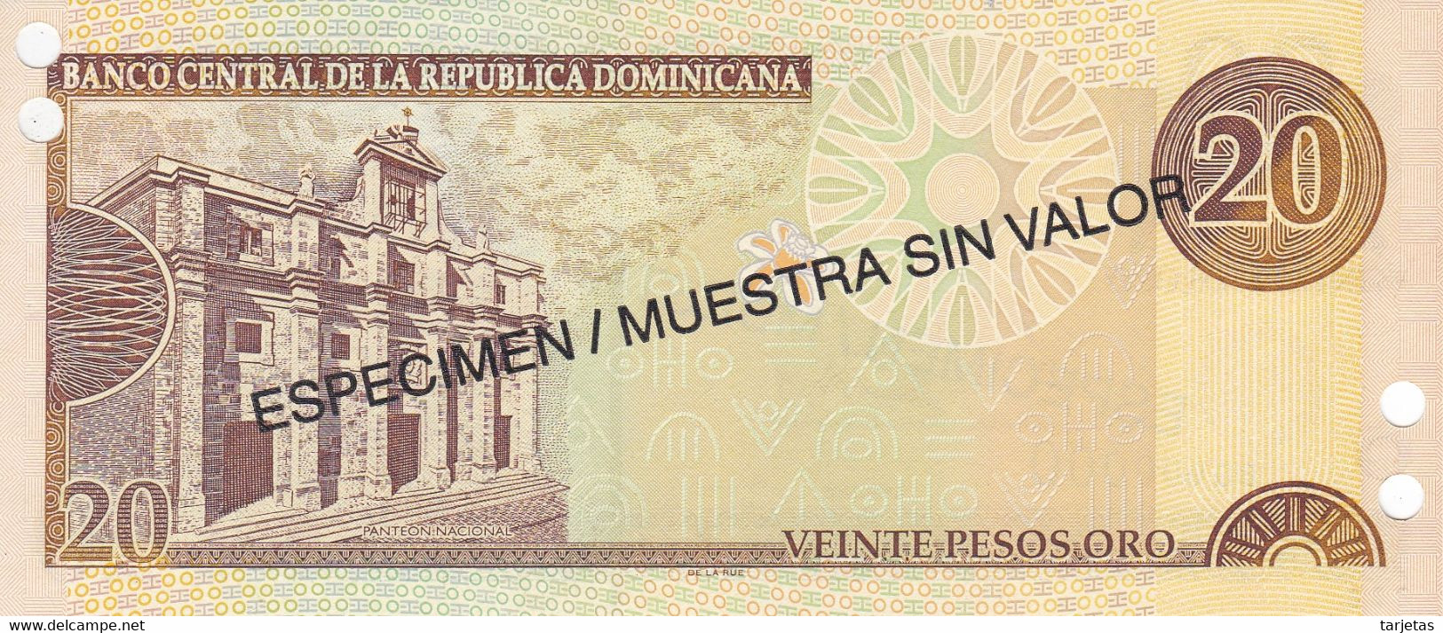 ¡¡MUESTRA!! BILLETE DE REP. DOMINICANA DE 20 PESOS ORO DEL AÑO 2001 - ESPECIMEN-SPECIMEN - Dominicaine