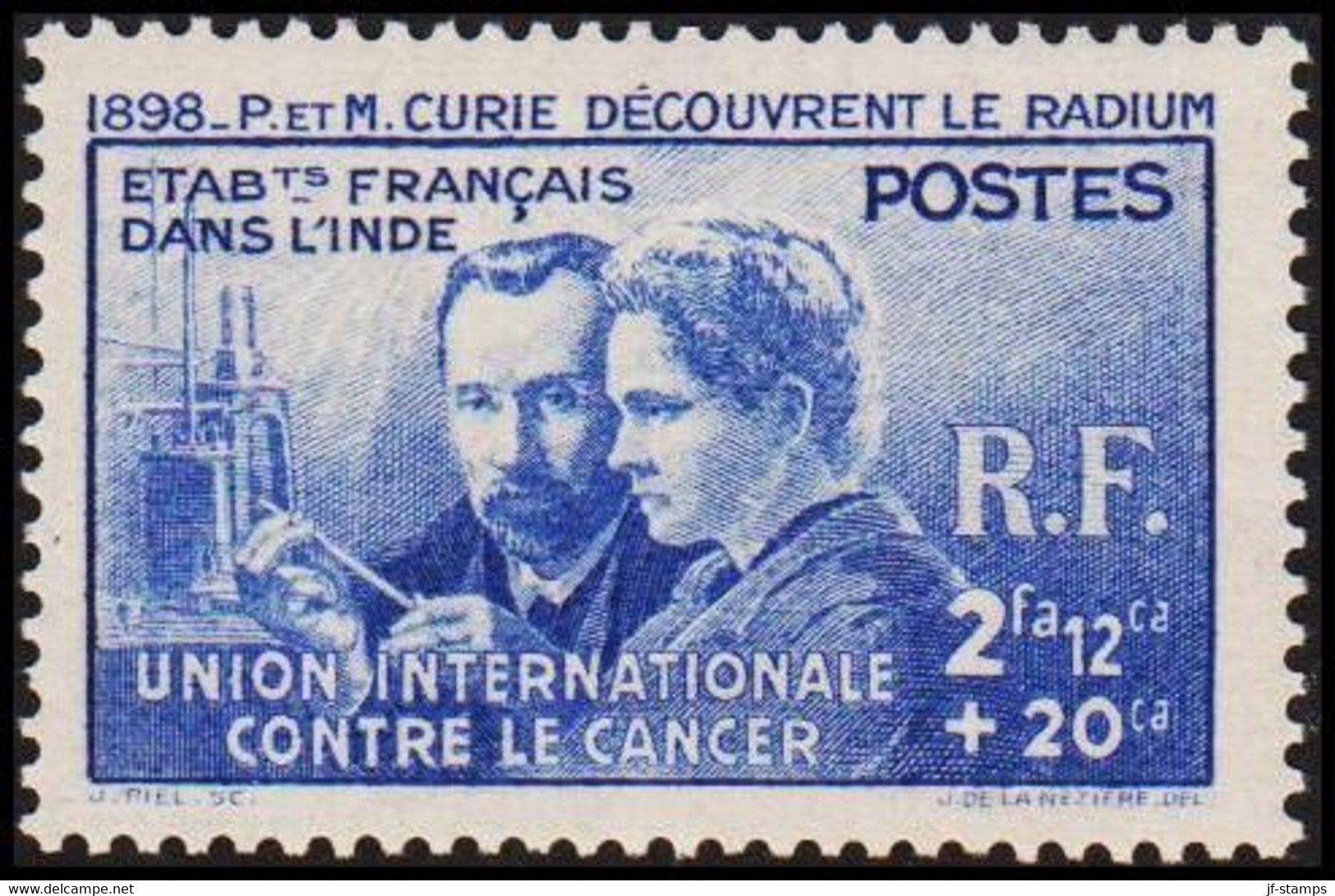 1938. ETABLISSEMENTS DE L'INDE. P & M. CURIE DECOUVRENT LE RADIUM. UNION INTERNATIONALE CONTR... (Michel 115) - JF519066 - Covers & Documents