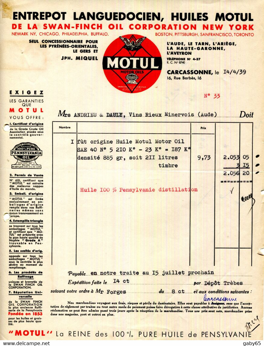 FACTURE.11.AUDE.CARCASSONNE.ENTREPOT LANGUEDOCIEN DES HUILES " MOTUL " DE LA SWAN FINCH OIL CORPORATION DE NEW-YORK. - Automobil