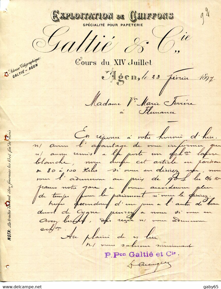 FACTURE.47.LOT ET GARONNE.AGEN.EXPLOITATION DE CHIFFONS POUR PAPETERIE.GALTIER & Cie COURS DU XIV JUILLET. - Druck & Papierwaren