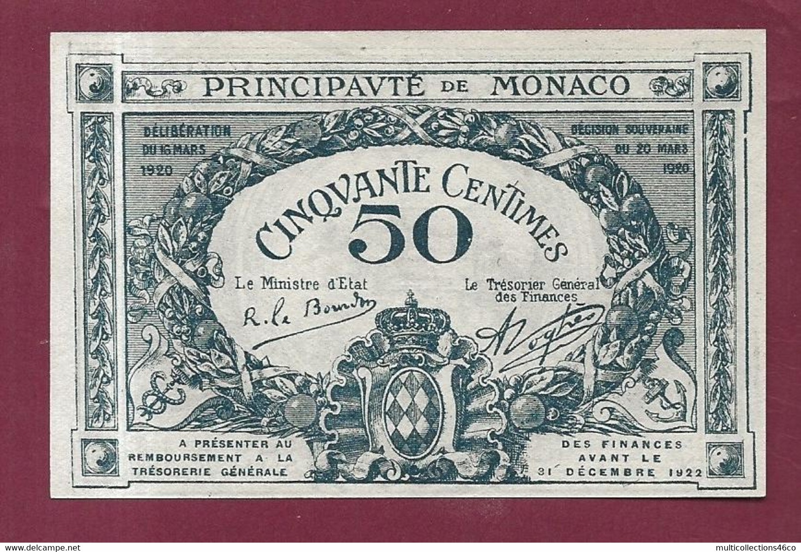 150422 - Billet PRINCIPAUTE DE MONACO 50 CINQUANTE CENTIMES 1920 Sans N° Série E - Neuf - Monaco