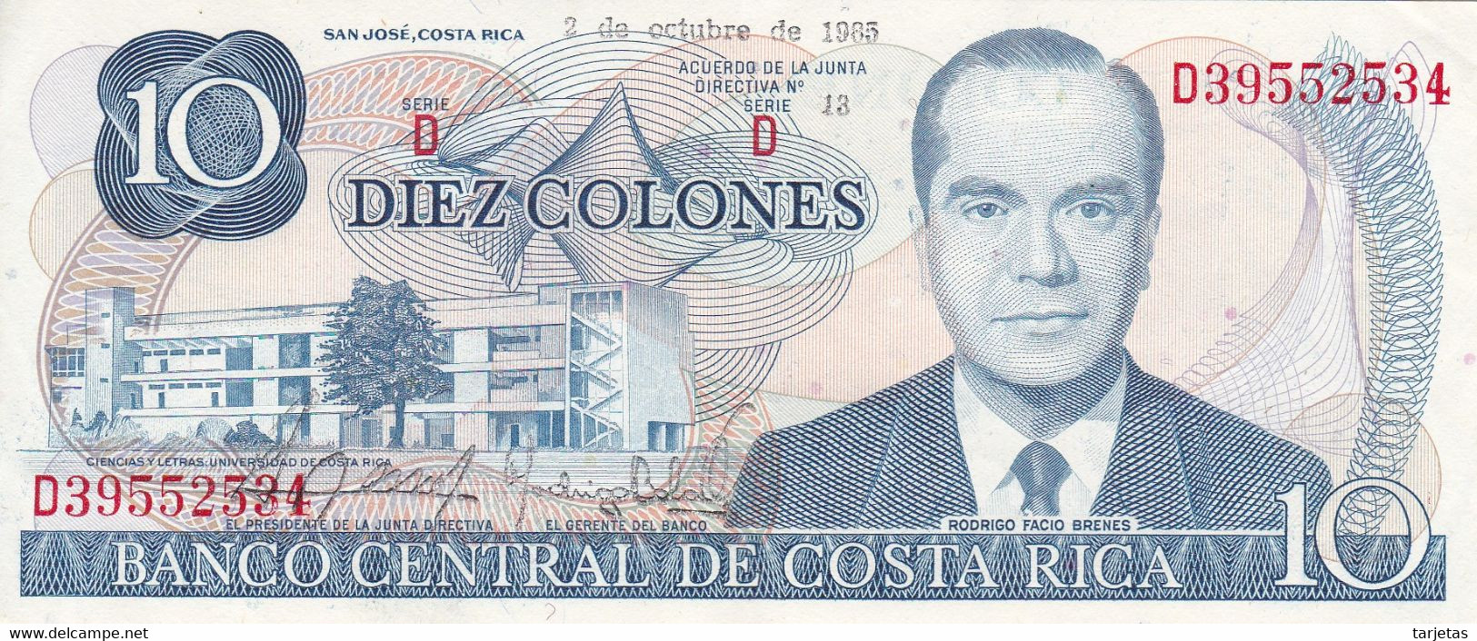 BILLETE DE COSTA RICA DE 10 COLONES DEL AÑO 1985 EN CALIDAD EBC (XF) (BANKNOTE) - Costa Rica