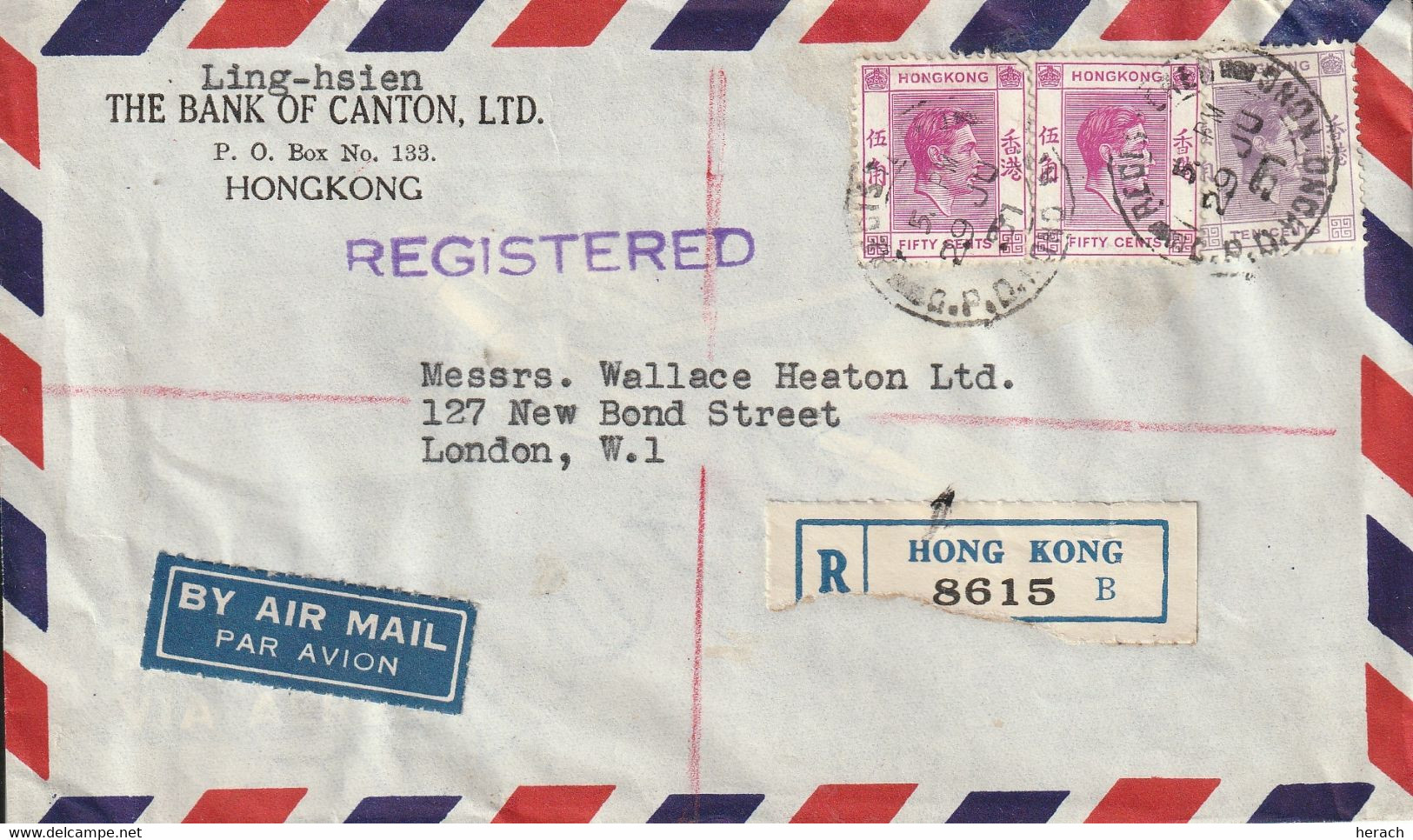 Hong Kong Lettre Recommandée Pour L'Angleterre 1951 - Storia Postale