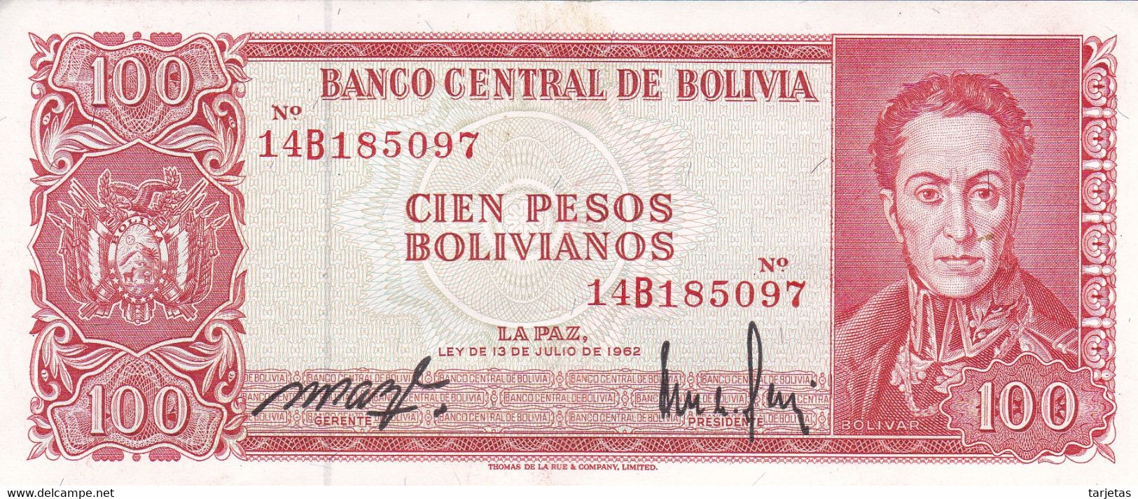 BILLETE DE BOLIVIA DE 100 BOLIVIANOS DEL AÑO 1962 NUMEROS ROJOS CALIDAD EBC (XF) (BANKNOTE) - Bolivia
