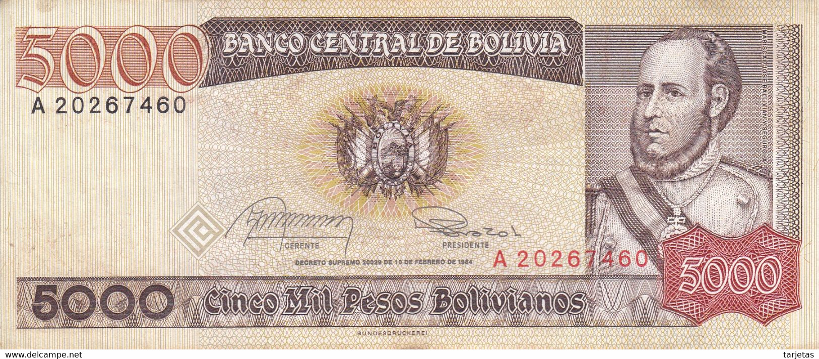 BILLETE DE BOLIVIA DE 5000 BOLIVIANOS DEL AÑO 1984 SERIE A (BANKNOTE) - Bolivie