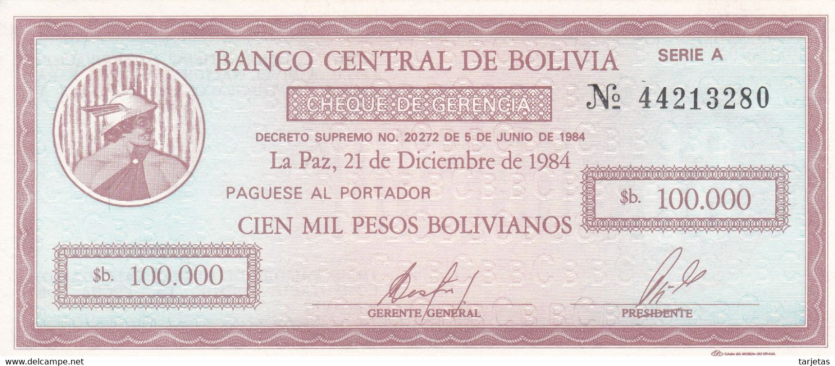 BILLETE DE BOLIVIA DE 100000 PESOS BOLIVIANOS DEL AÑO 1984 SIN CIRCULAR (UNC) (BANKNOTE) - Bolivie