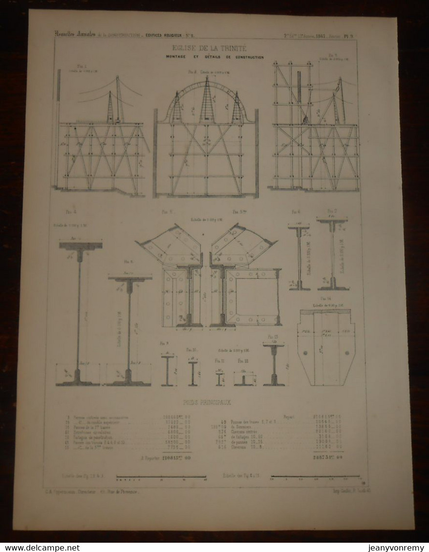Plan De L'Eglise De La Trinité à Paris. Montage Et Détails De Construction. 1867. - Autres Plans