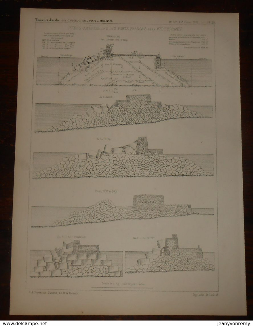 Plan De Jetées Artificielles Des Ports Français De La Méditerranée. 1867. - Travaux Publics