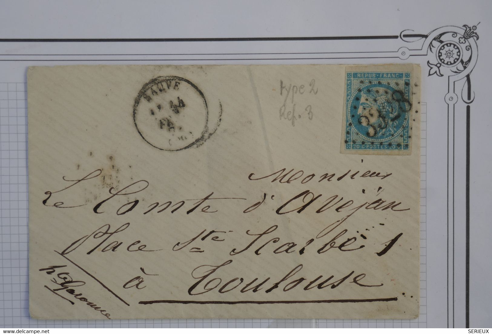 AU2 FRANCE BELLE  LETTRE 1872 SAUVE  POUR LE COMTE D AVEJAN TOULOUSE +N°46 GC  +A VOIR ++ AFFRANC. PLAISANT - 1870 Bordeaux Printing