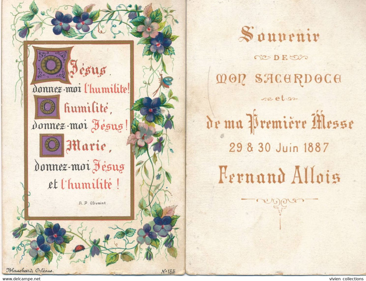 Image Pieuse Souvenir De Mon Sacerdoce Et De Ma Première Messe 1887 Fernand Allois Bourges - Blanchard Orléans N° 155 - Andachtsbilder