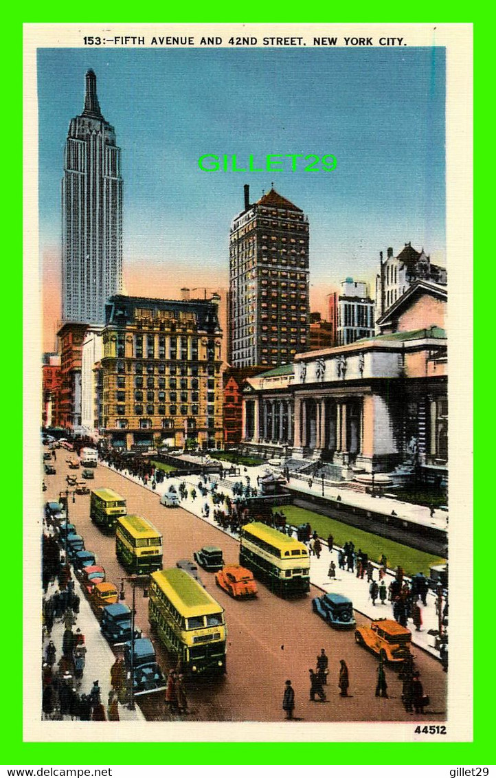 NEW YORK CITY, NY - FIFTH AVENUE AND 42ND STREET - ACACIA CARD COMPANY - ANIMATED BUSSES & PEOPLES - - Places & Squares