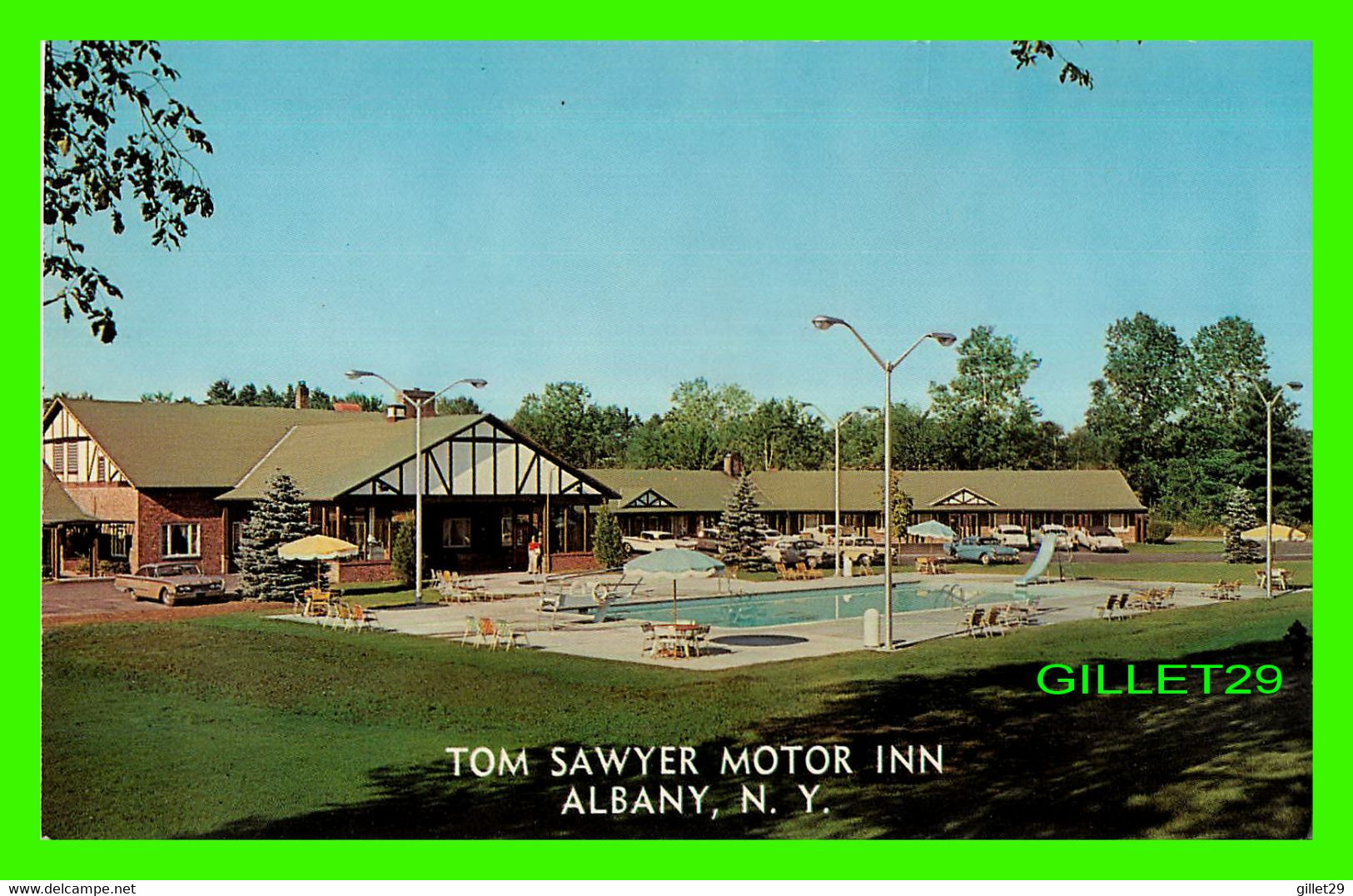 ALBANY, NY - TOM SAWYER MOTOR INN - ANIMATED PEOPLES & OLD CARS -  GLEN S. COOK & SON - - Albany