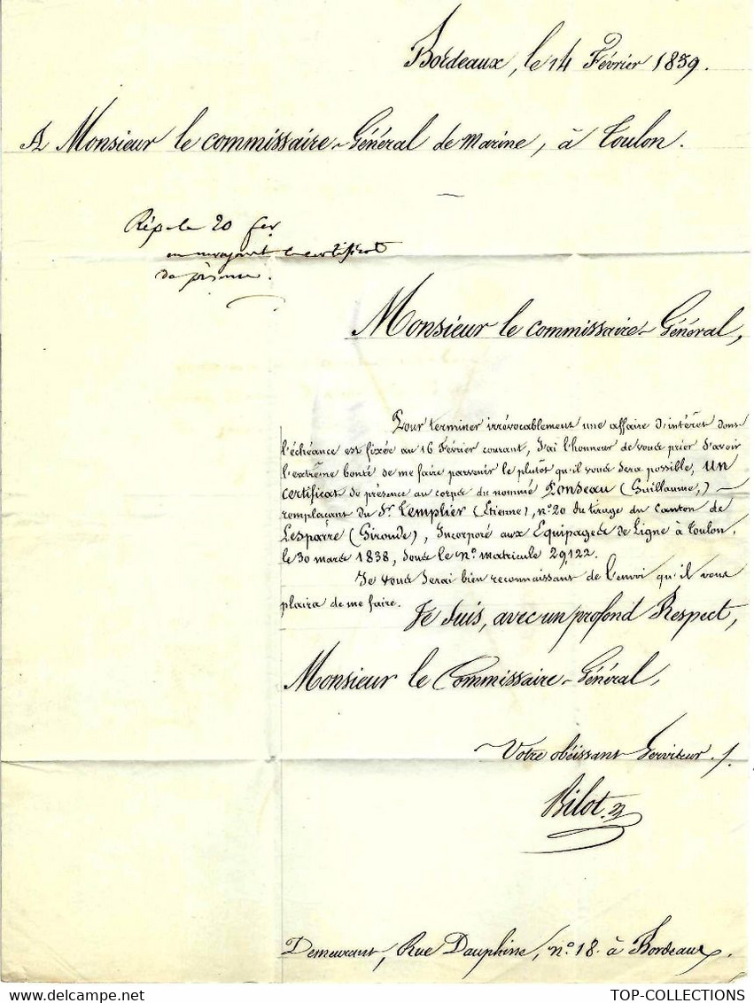 1859 De Bordeaux Bilot Pour Toulon COMMISSAIRE GENERAL MARINE CERTIFICAT MARIN EQUIPAGE DE LIGNE B.E.V.SCANS - Historical Documents