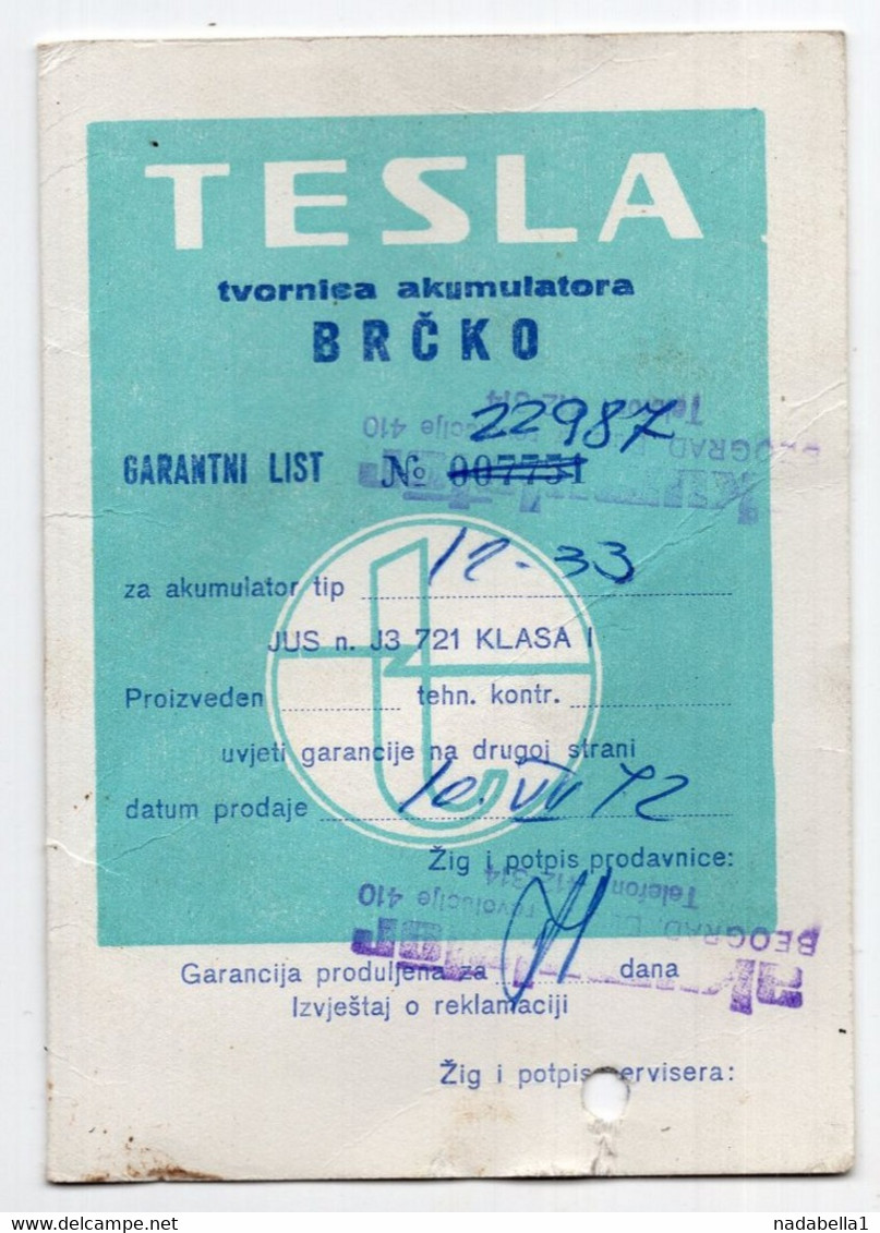 1972.  YUGOSLAVIA, BIH, BRCKO, TESLA BATTERIES, GUARANTEE - Maschinen