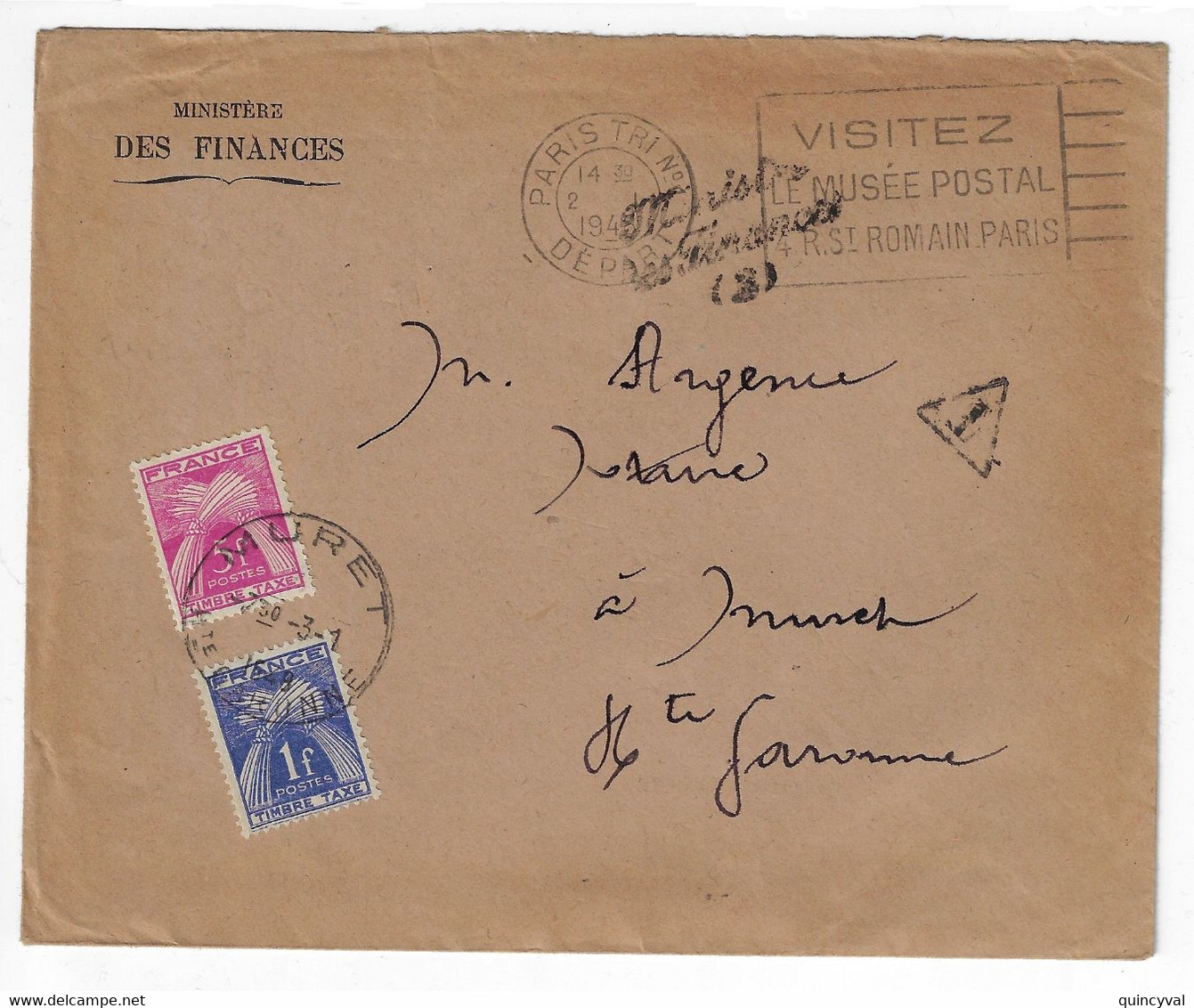 PARIS TRI N°1 DEPART Lettre Ministère Finances Ob Flier A00314 Griffe (2) Taxe Gerbes 1F 5F Yv T81 85 Dest MURET 1946 - 1859-1959 Covers & Documents