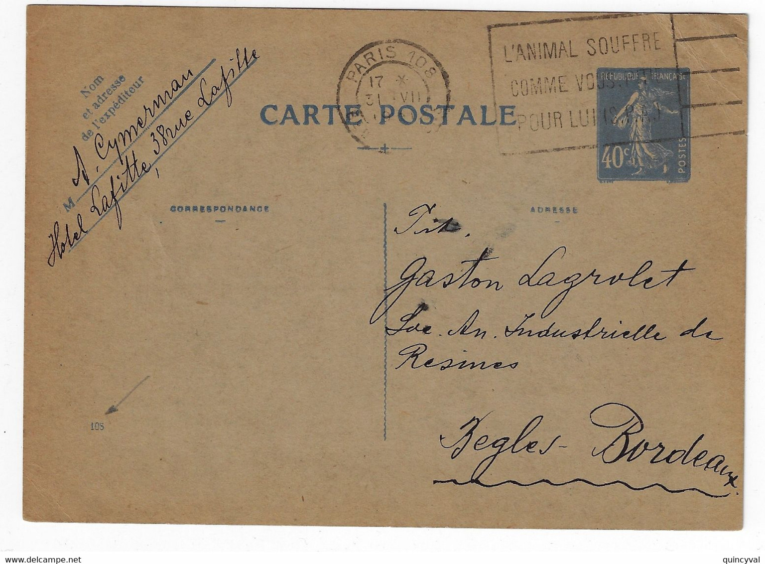PARIS 108 Carte Postale Entier 40c Semeuse Yv Ob Meca Flier Animal Souffre SPA Dreyfus B108106 Yv 237-CP1 Mill 105 - Standard Postcards & Stamped On Demand (before 1995)
