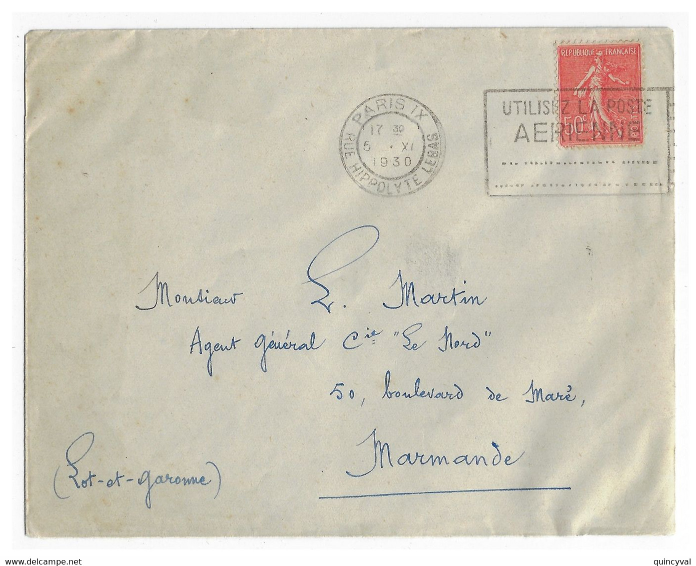 PARIS IX Rue Hippolyte Lebas Lettre 50c Semeuse Lignée Yv 199 Ob Meca Utilisez La Poste Aerienne Dreyfus A09113 - Oblitérations Mécaniques (flammes)