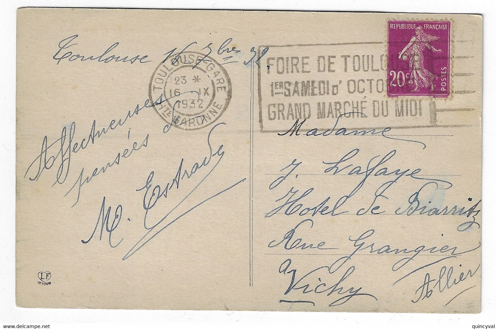 TOULOUSE-GARE Carte Postale 20c Semeuse Violet Yv 190 Ob Meca Flier TOU713 Foire De Toulouse - Mechanische Stempels (reclame)