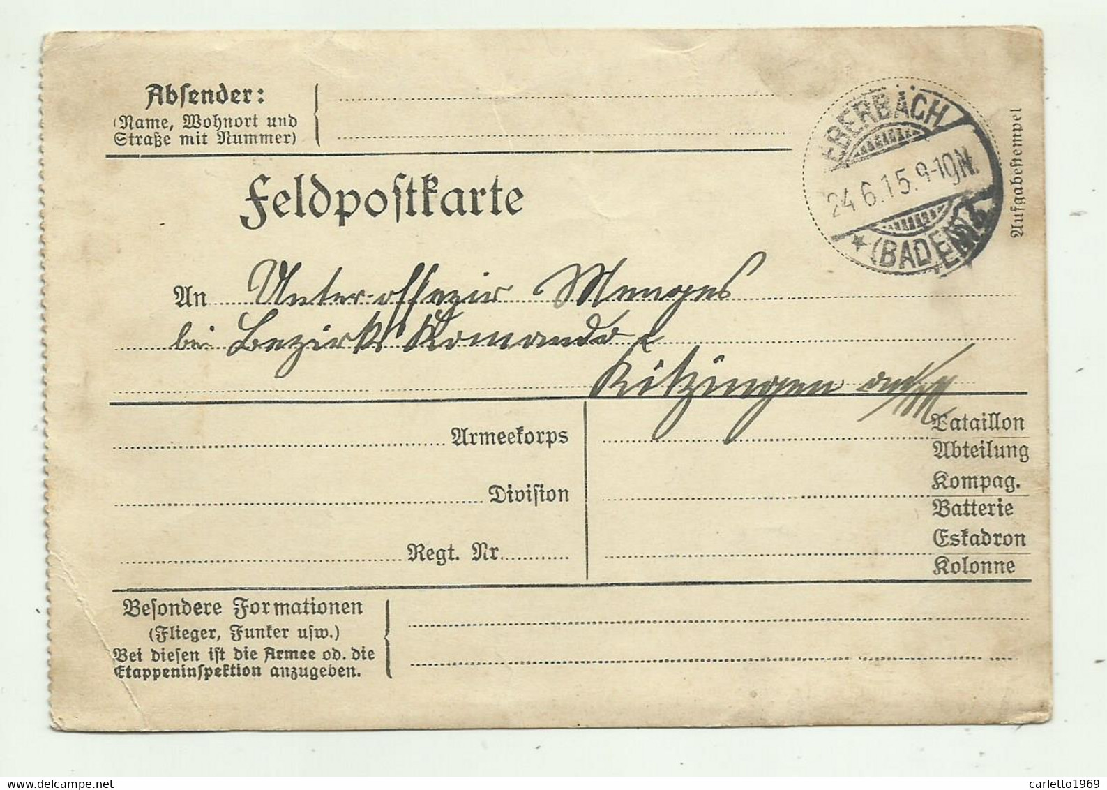 FELDPOSKARTE FRANCHIGIA 1a GUERRA EBERBACH  1915 FP - Covers & Documents