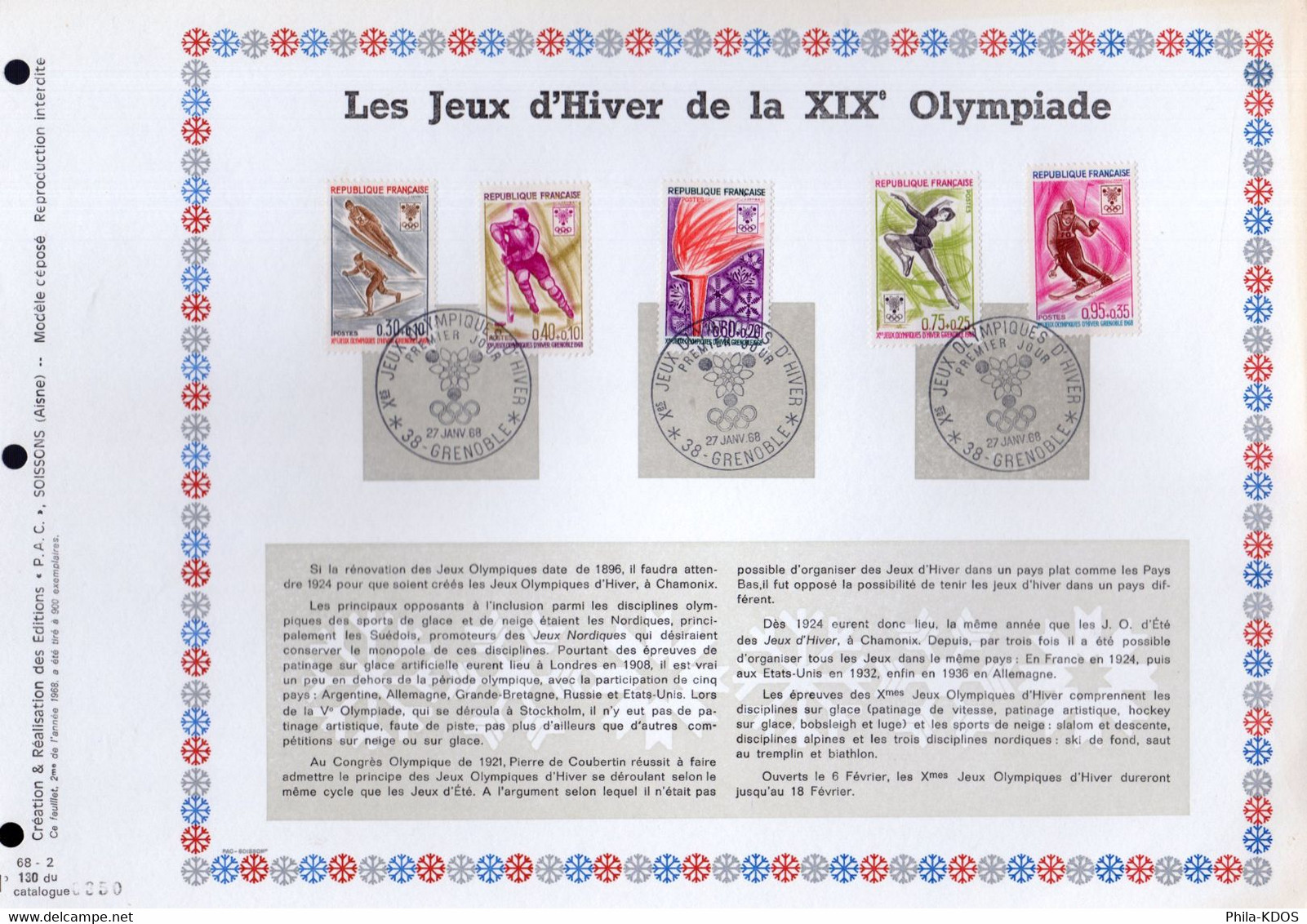 RRR 700 900 Ex. " J.O. GRENOBLE " / 3 Feuillets PAC N°tés RARES De 1968 N° YT 1543 47 Voir état FDC A SAISIR RRR - Hiver 1968: Grenoble