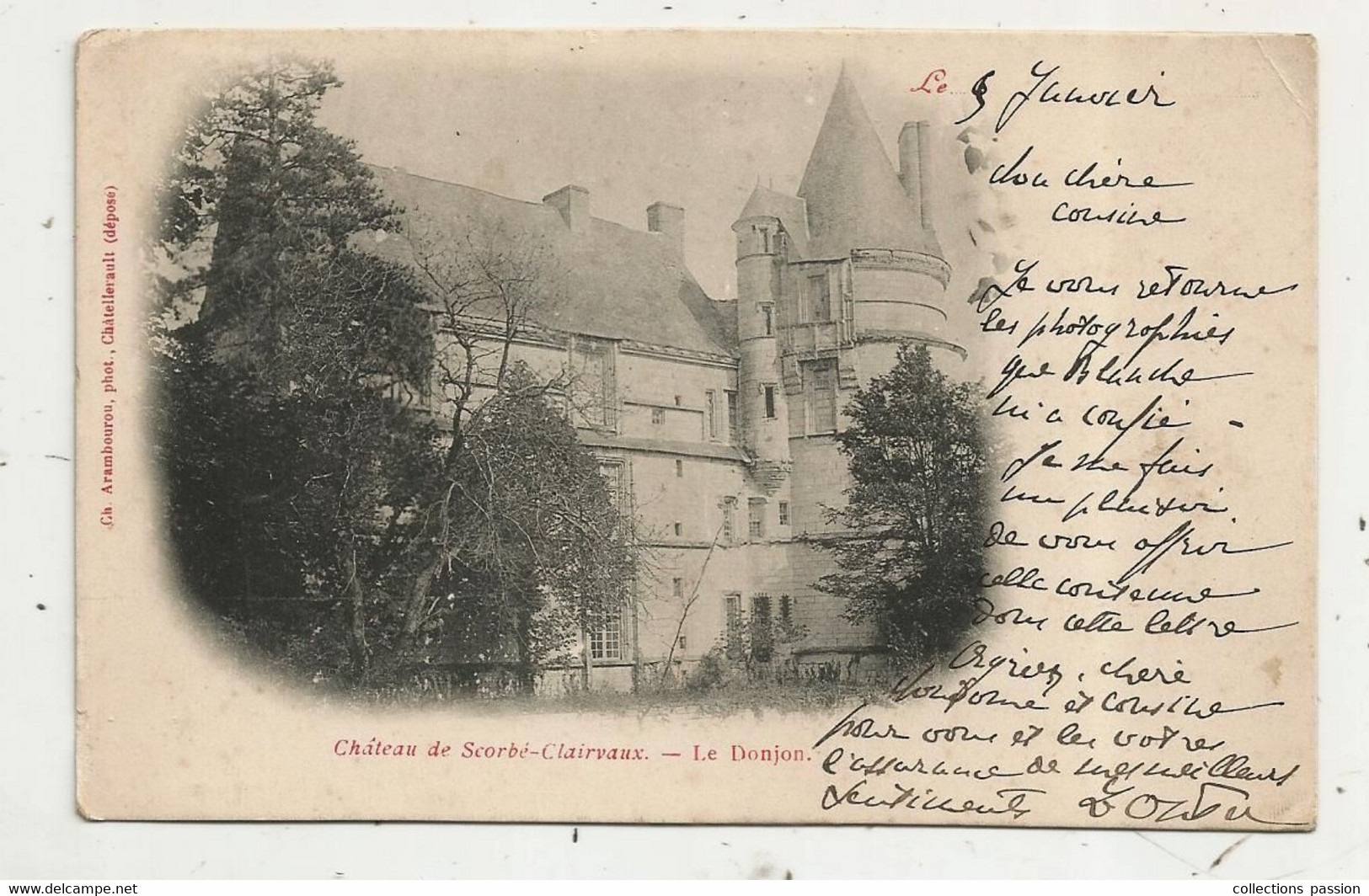 Cp , 86 , Château De SCORBE CLAIRVAUX , Le Donjon ,Vienne ,écrite ,dos Simple , Coserves D'Ananas Léon Opter, 2 Scans - Scorbe Clairvaux