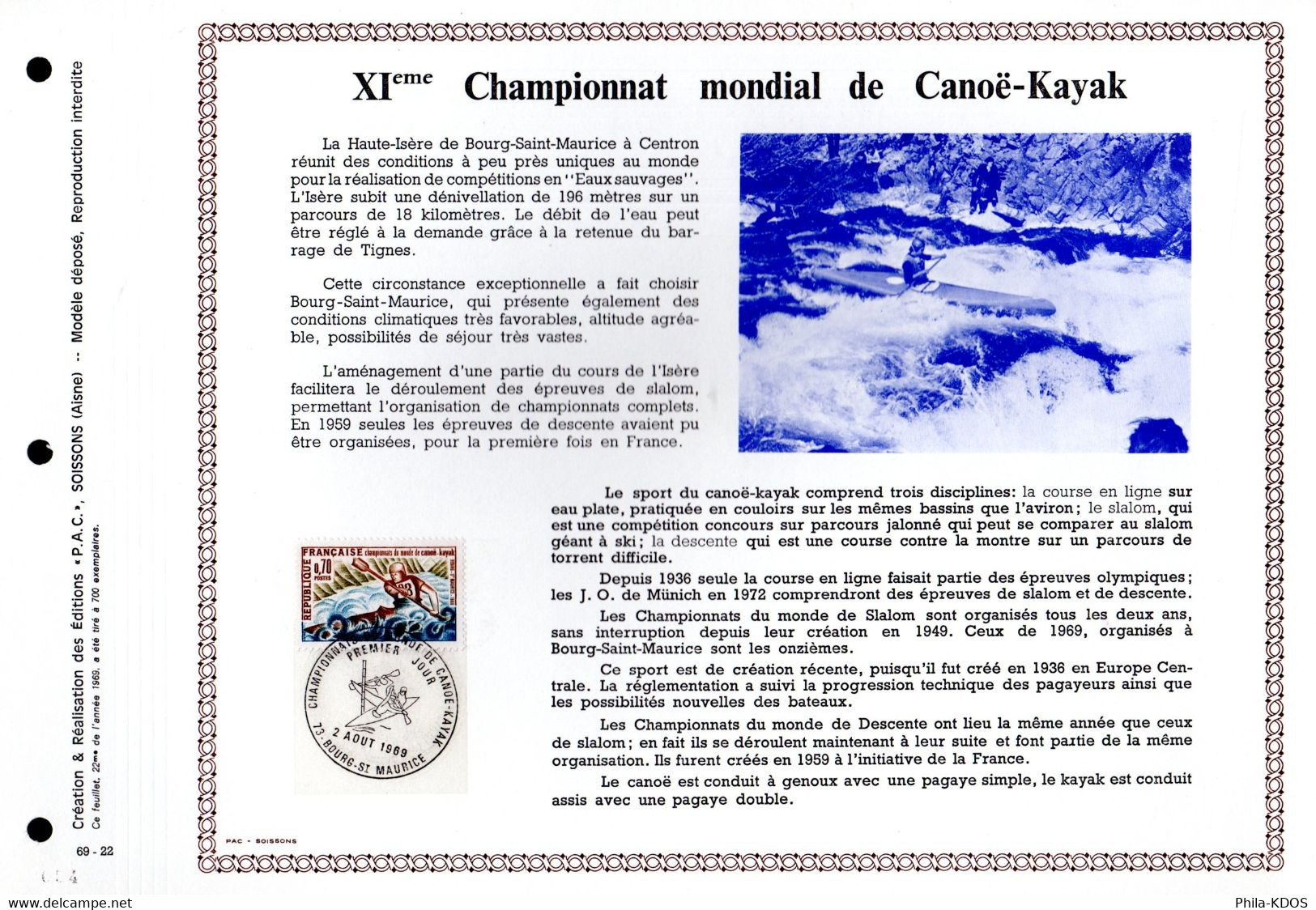 &#9989;  RRR 700 Ex." CANOË-KAYAK " Sur Feuillet PAC N°té RARE De 1969 N°YT 1609 Parfait état A SAISIR ! RRR - Canoë