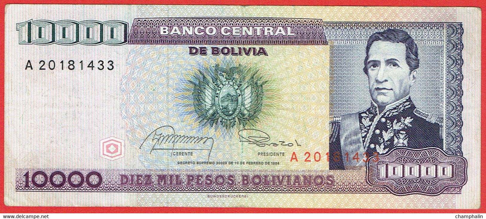 Bolivie - Billet De 10000 Pesos Bolivianos - Andres De Santa Cruz - 10 Février 1984 - P169a - Bolivie