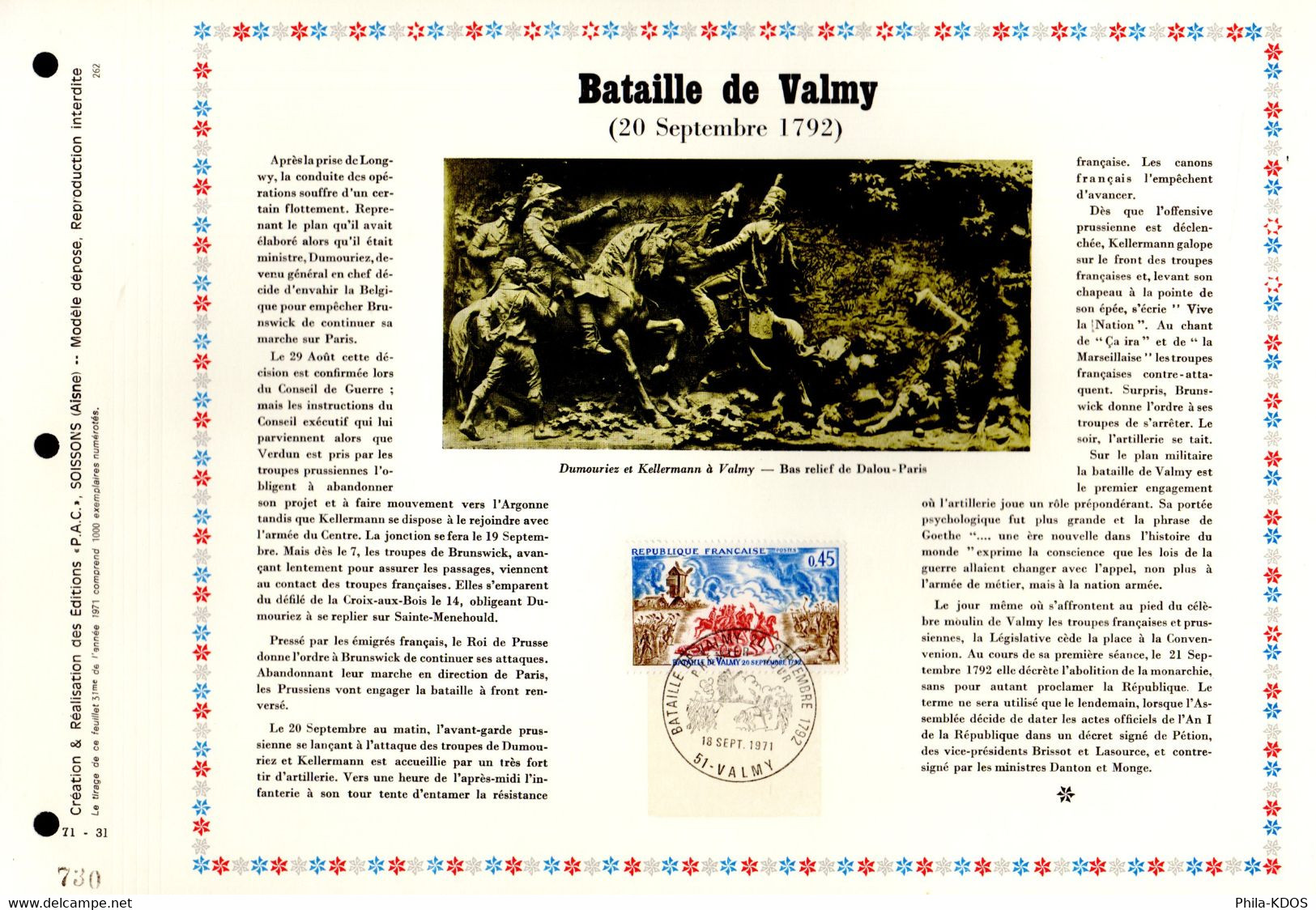 &#9989;  RRR 1000 Ex." BATAILLE DE VALMY " Sur Feuillet PAC N°té RARE De 1971 N° YT 1679 Parfait état A SAISIR ! RRR - Militaria