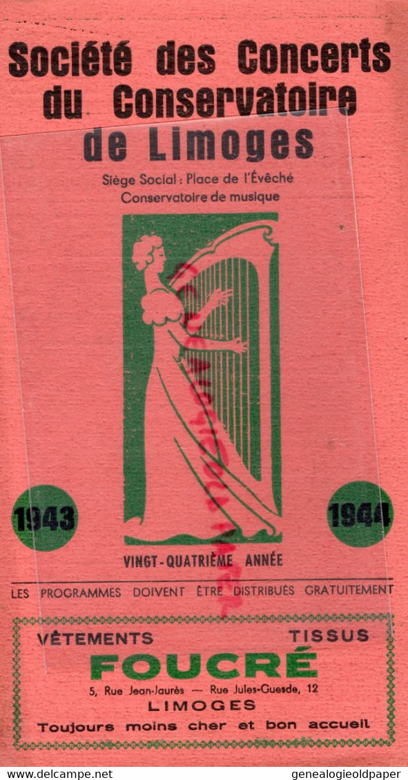 87-LIMOGES-PROGRAMME SOCIETE CONCERTS CONSERVATOIRE MUSIQUE-PLACE EVECHE-1943-MARGUERITE PIFTEAU-NICOLE ROLET-TORTELLIER - Programmes