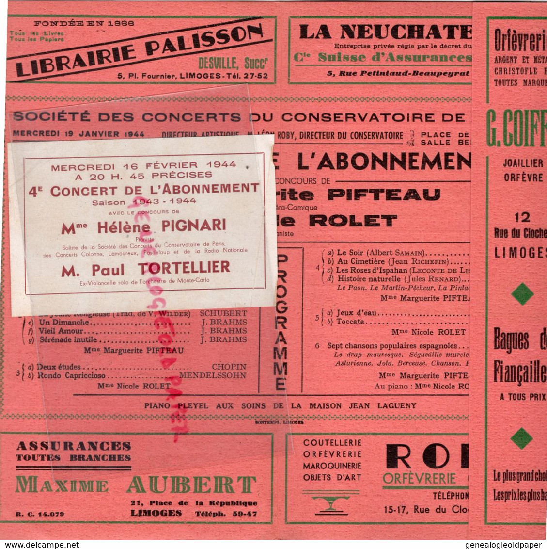 87-LIMOGES-PROGRAMME SOCIETE CONCERTS CONSERVATOIRE MUSIQUE-PLACE EVECHE-1943-MARGUERITE PIFTEAU-NICOLE ROLET-TORTELLIER - Programme