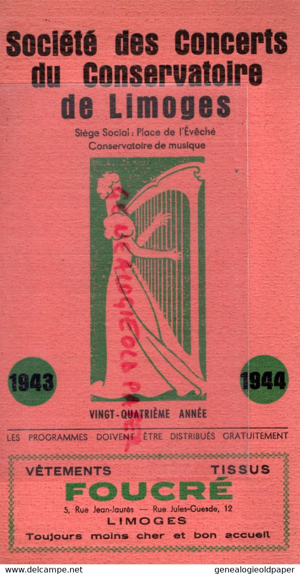 87-LIMOGES-PROGRAMME SOCIETE CONCERTS CONSERVATOIRE MUSIQUE-PLACE EVECHE-1943-JEANNE MARIE DARRE-LOLA BOBESCO - Programas
