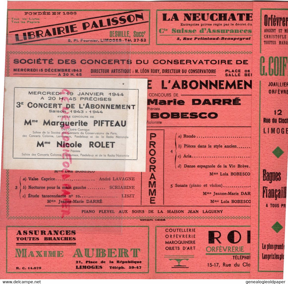 87-LIMOGES-PROGRAMME SOCIETE CONCERTS CONSERVATOIRE MUSIQUE-PLACE EVECHE-1943-JEANNE MARIE DARRE-LOLA BOBESCO - Programme