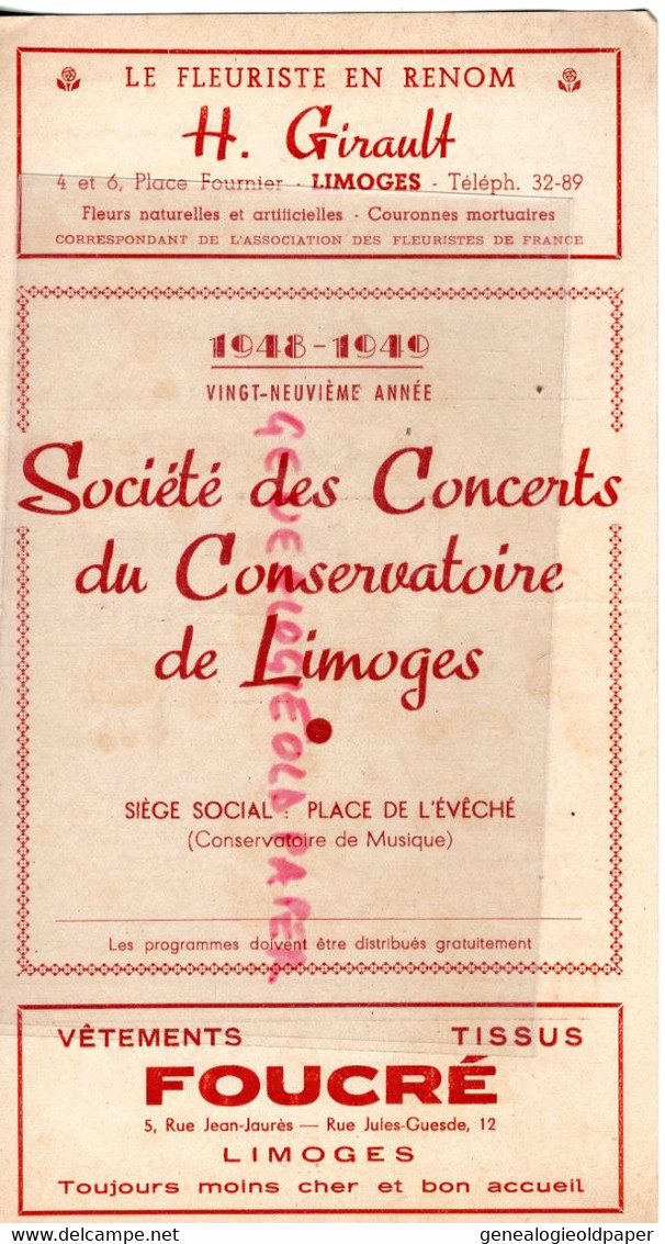 87-LIMOGES-PROGRAMME SOCIETE CONCERTS CONSERVATOIRE MUSIQUE-PLACE EVECHE-1943-1948-MAURICE MARECHAL-MONIQUE MERCIER - Programs