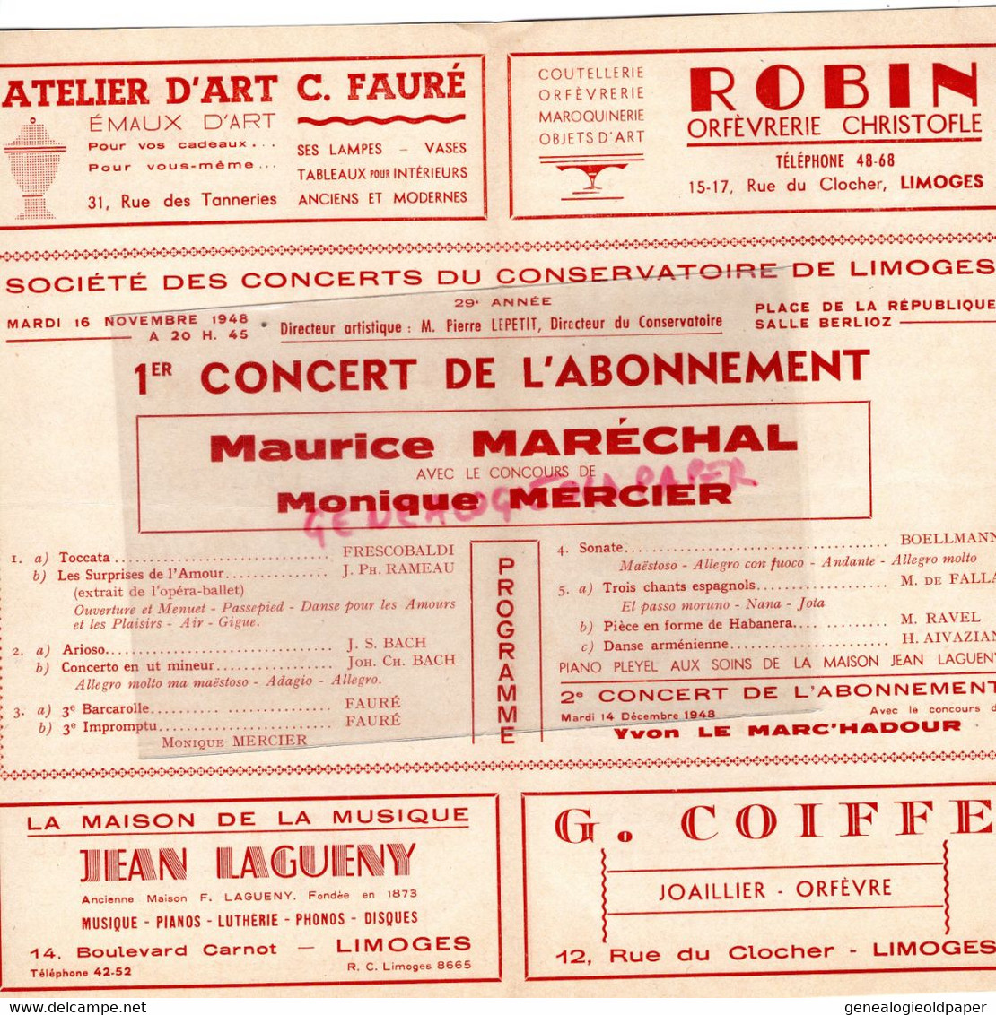 87-LIMOGES-PROGRAMME SOCIETE CONCERTS CONSERVATOIRE MUSIQUE-PLACE EVECHE-1943-1948-MAURICE MARECHAL-MONIQUE MERCIER - Programmes