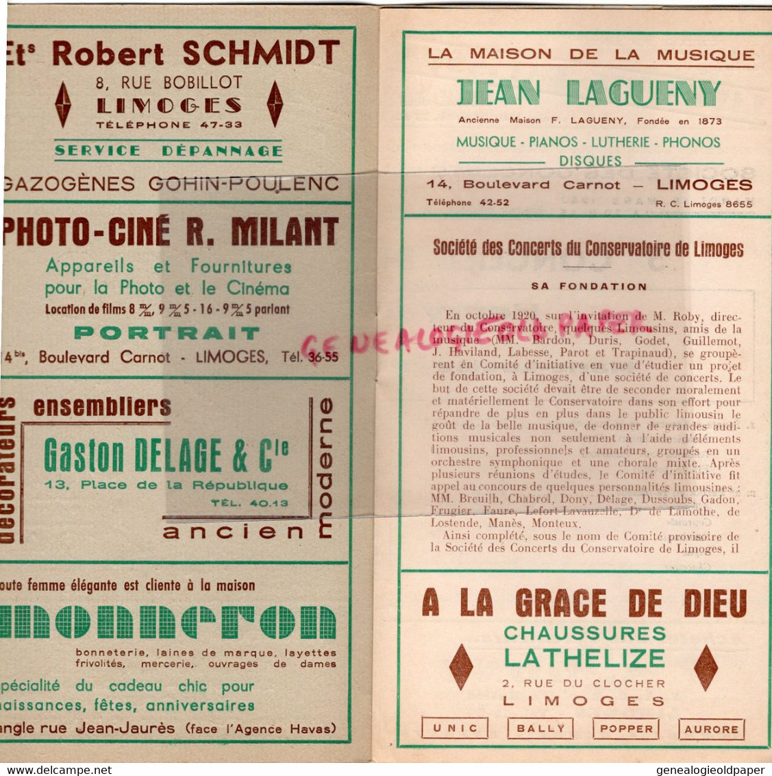 87-LIMOGES-PROGRAMME SOCIETE CONCERTS CONSERVATOIRE MUSIQUE-PLACE EVECHE-1946-HENRY MERCKEL-PUGNET CAILLARD - Programmes