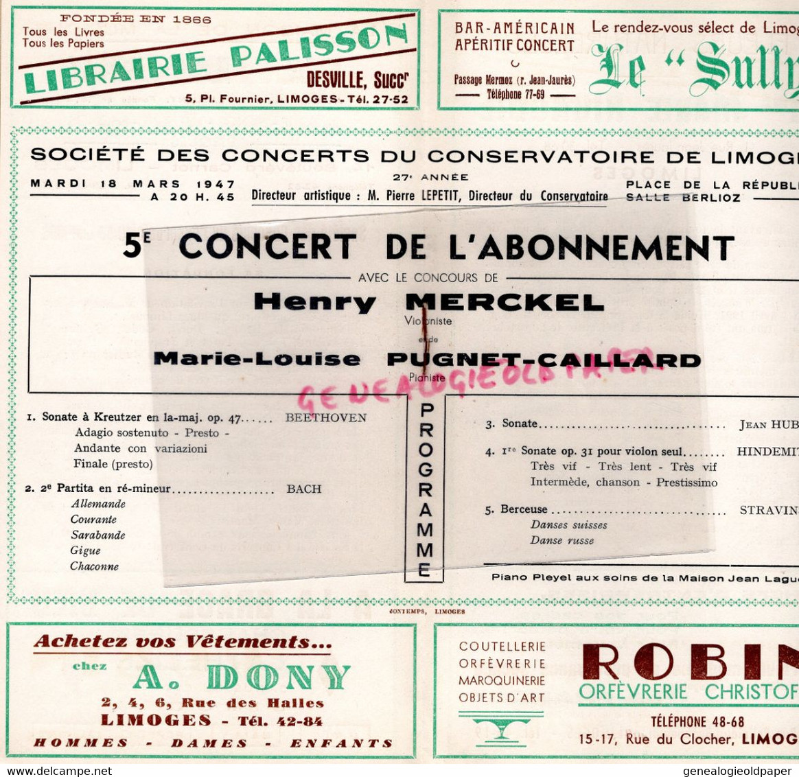 87-LIMOGES-PROGRAMME SOCIETE CONCERTS CONSERVATOIRE MUSIQUE-PLACE EVECHE-1946-HENRY MERCKEL-PUGNET CAILLARD - Programme