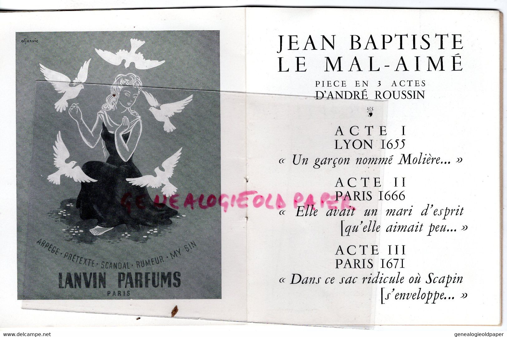 75- PARIS -THEATRE DU VIEUX COLOMBIER-DESSIN JEAN COCTEAU 1944-JEAN BAPTISTE LE MAL AIME-ANDRE ROUSSIN-GABY SYLVIA-LYNN- - Programme