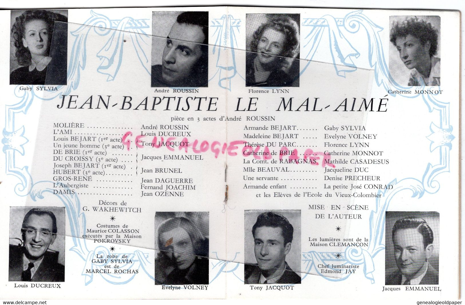 75- PARIS -THEATRE DU VIEUX COLOMBIER-DESSIN JEAN COCTEAU 1944-JEAN BAPTISTE LE MAL AIME-ANDRE ROUSSIN-GABY SYLVIA-LYNN- - Programmes