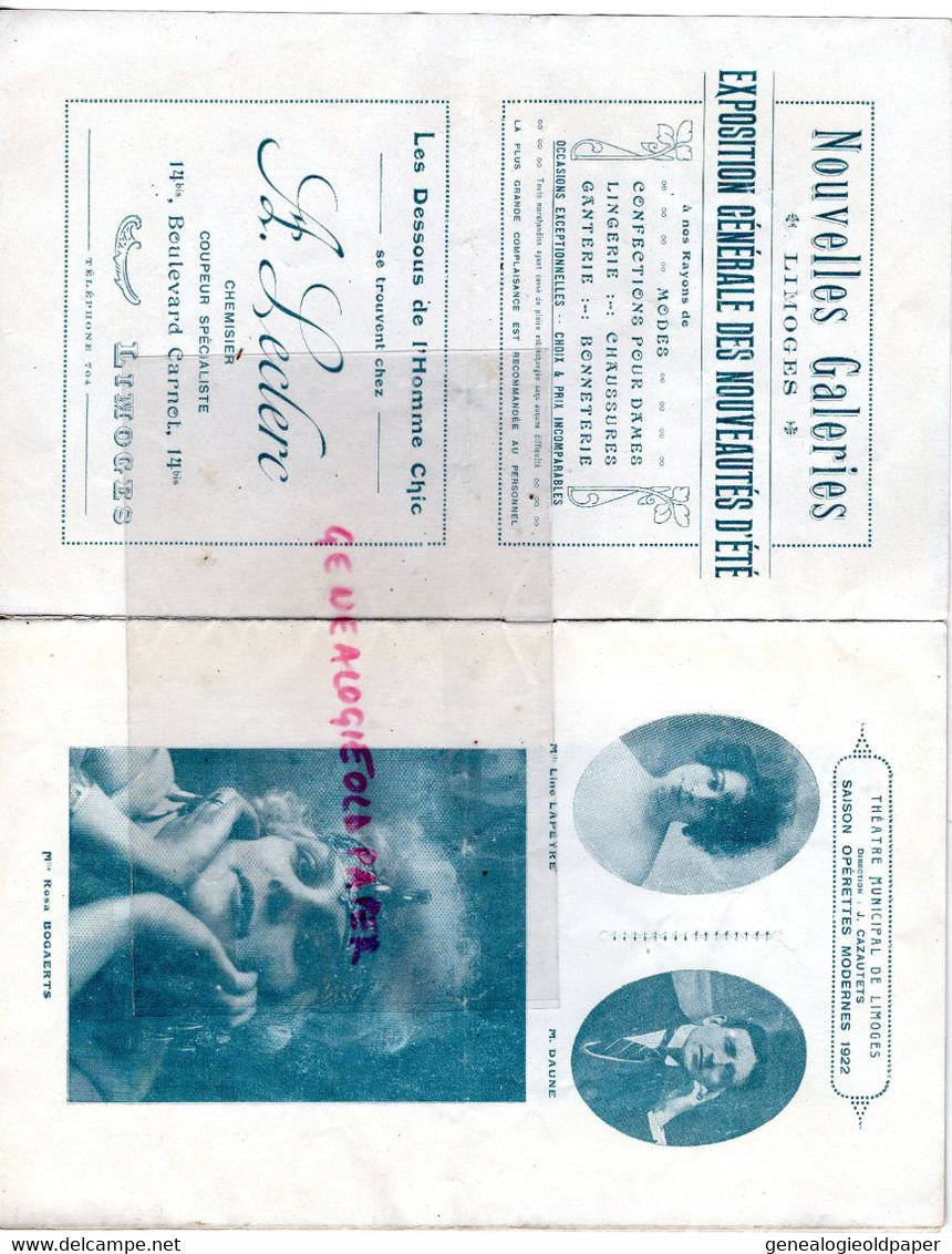 87- LIMOGES- PROGRAMME THEATRE MUNICIPAL -CAZAUTETS-1922-REVE DE VALSE-STRAUSS-ALICE FLORIN-DAUNE-LA ROUSSARIE-TSIBILO - Programmes