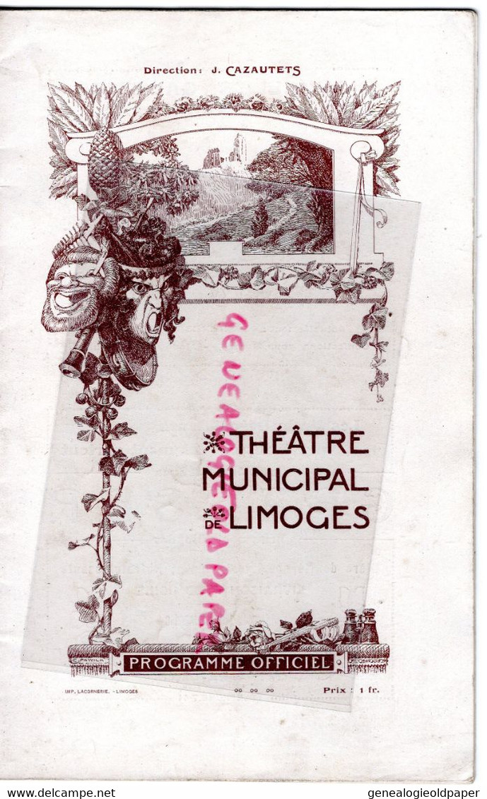 87- LIMOGES -PROGRAMME THEATRE MUNICIPAL1923-MOUSQUETAIRES AU COUVENT-LOUIS VARNEY-DELPRET-ROSE MANCEAU-HELENE DUVERNAY- - Programs