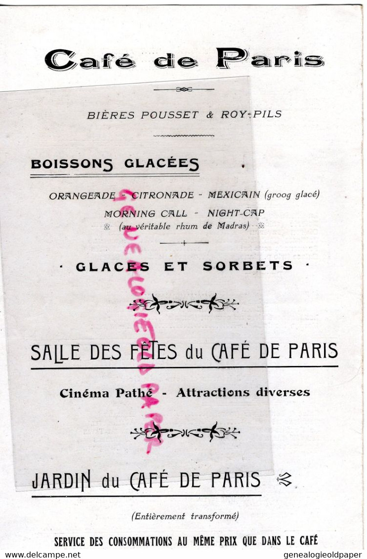 87-LIMOGES-RARE PROGRAMME CAFE DE PARIS 1911- M. PALLIER-SIZES ECOLE MUSIQUE-MME MISTLER-THOMAS-TARDIEN-LAGUENY - Programma's