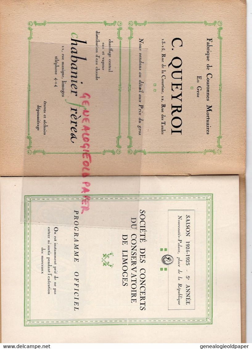 87-LIMOGES-PROGRAMME SOCIETE CONCERTS CONSERVATOIRE MUSIQUE-PLACE EVECHE-1924-MAX MOUTIA-CAPONSACCHI- - Programas