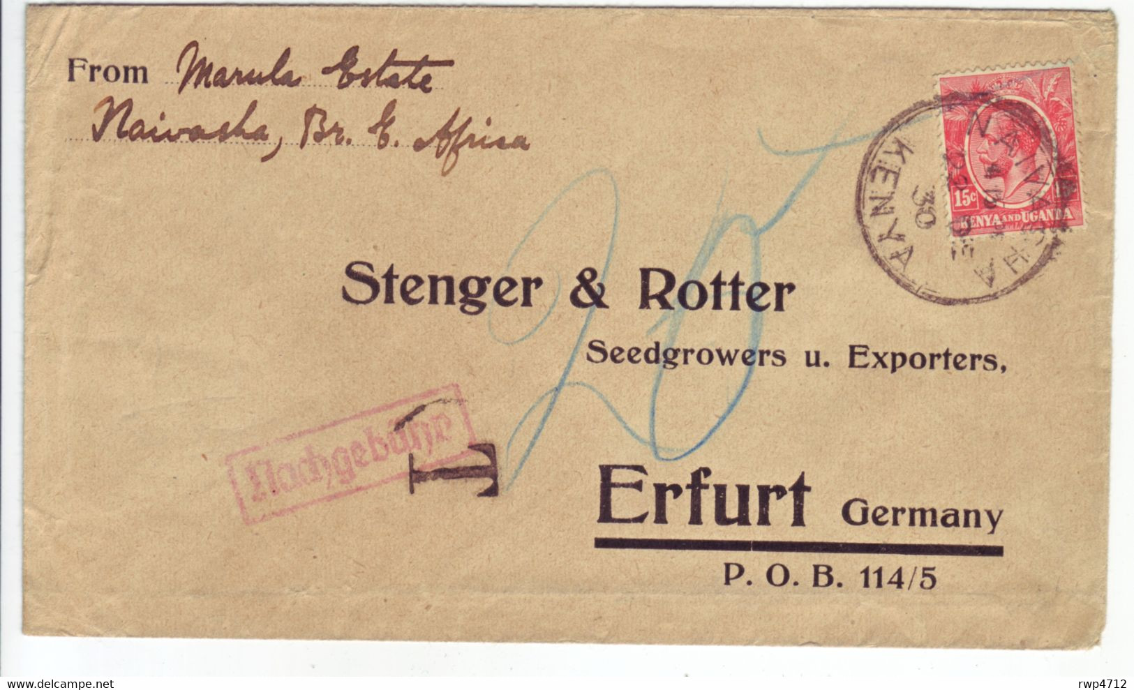 KENIA & UGANDA  Brief Mit Nachgebühr  Cover Lettre Naivasha 1930 To Germany  Postage Due - Kenya & Oeganda