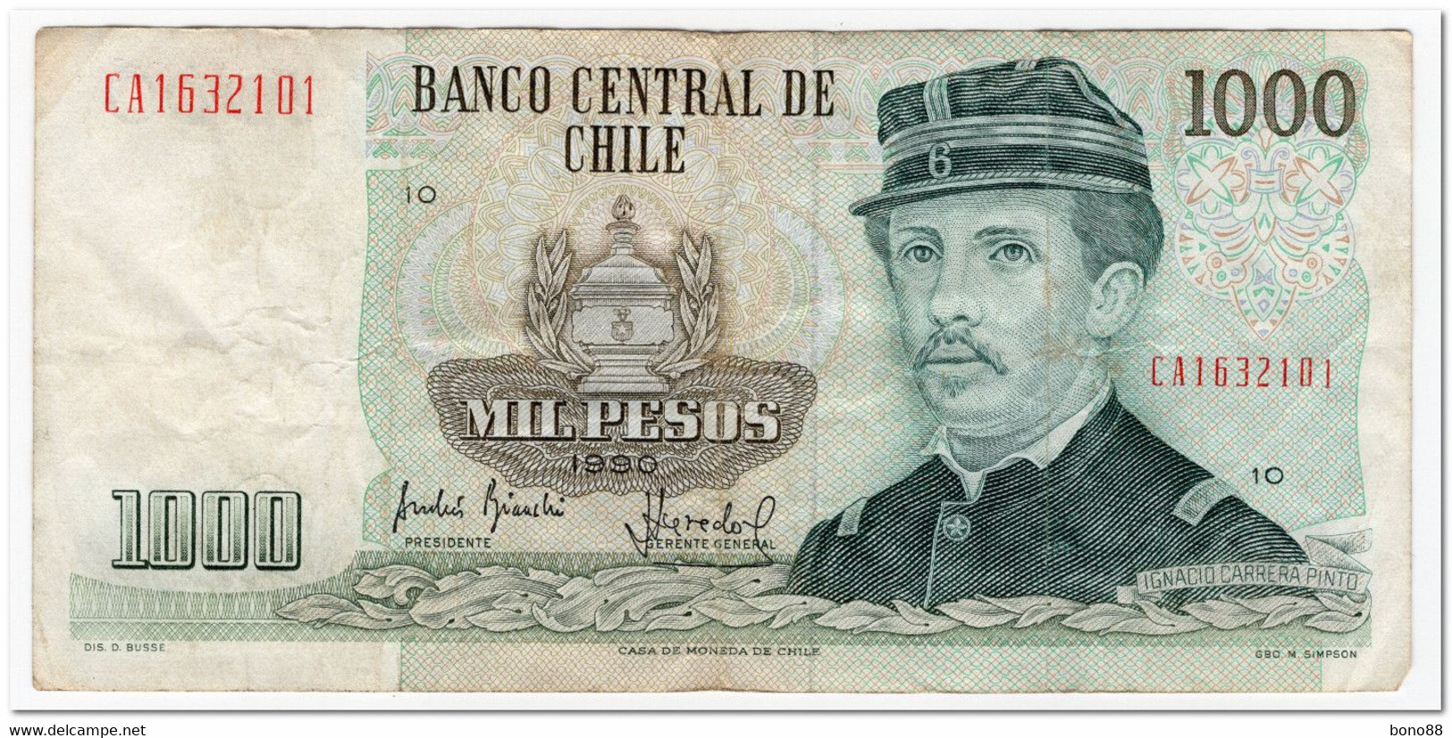 CHILE,1000 PESOS,1990,P.154c,F-VF - Chili