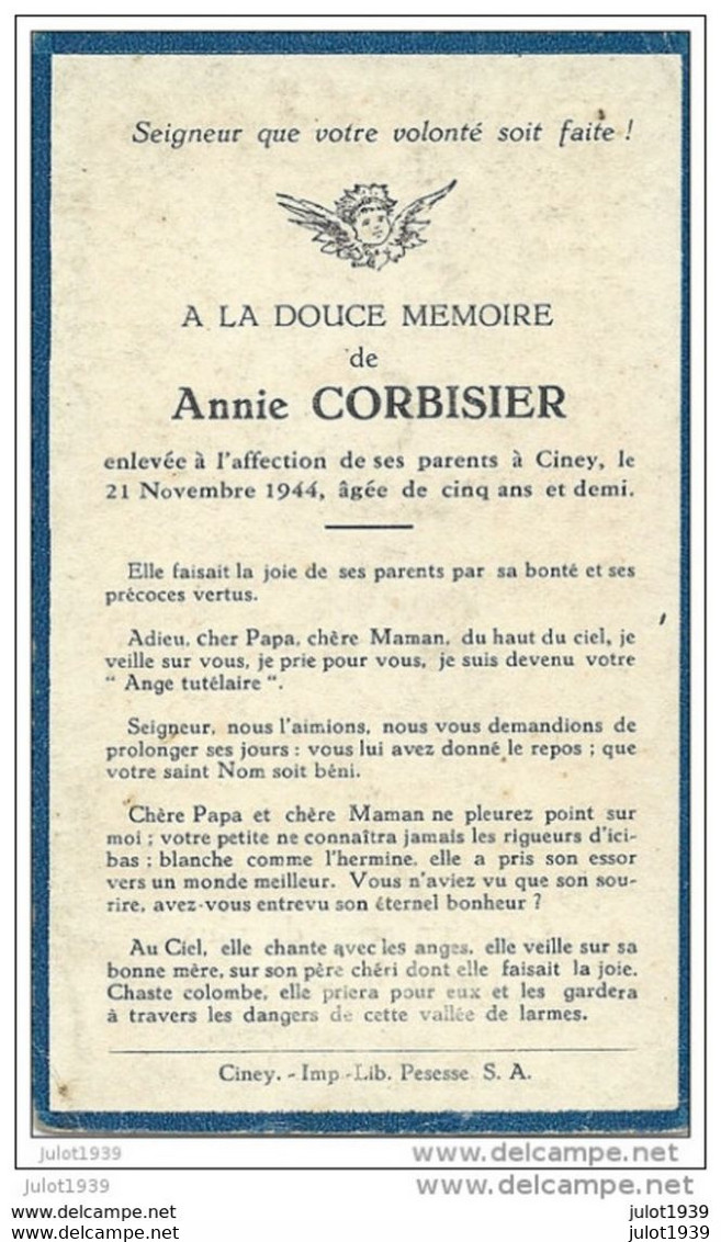 CINEY ..-- Mademoiselle  Annie CORBISIER , Née En 1938 , Décédée Le 21 Novembre 1944 . - Ciney