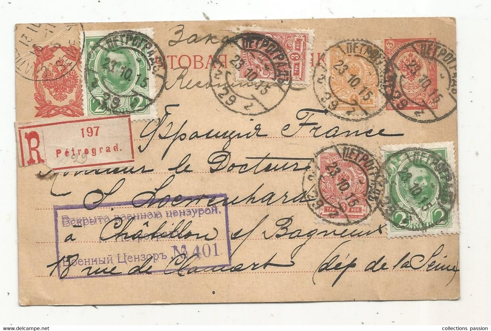 Entier Postal , RUSSIE , 1915,  Recommandé R 197 PETROGRAD , Saint Petersbourg , + 5 Timbres , Cachet N° 401 - Storia Postale