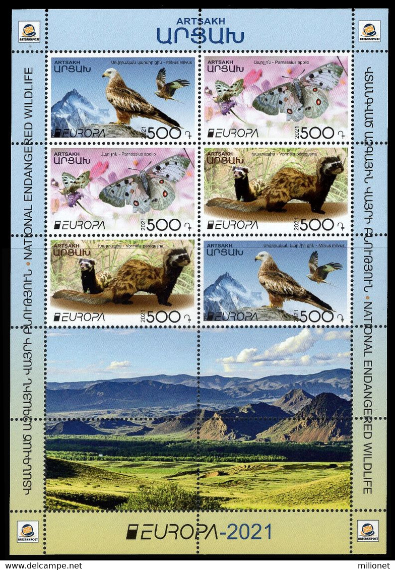 ARTSAKH NAGORNO KARABAJ KARABAKH 2021 EUROPA CEPT ENDANGERED NATIONAL WILDLIFE Sheetlet Of 3+3 Stamps + 4 Vignettes ** - 2021